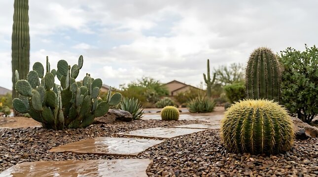 A serene arizona front yard landscape design featuring a stone pathway winding through a variety of desert plants like saguaro and golden barrel cactus