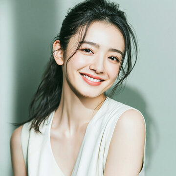 Beautiful Asian woman with dimples smiling cheerfully showing clean clear skin white teeth dark ponytail hair soft green background skincare portrait photo