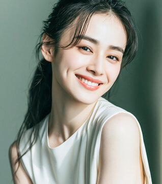 Beautiful Asian woman with dimples smiling cheerfully showing clean clear skin white teeth dark ponytail hair soft green background skincare portrait photo