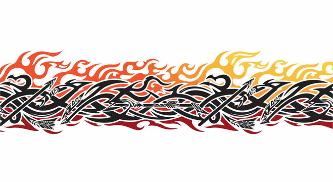 Tribal Maori Tattoo Design with Fiery Flames Background