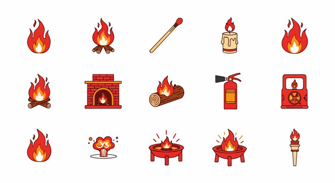 Colorful flat design icons of fire and safety elements