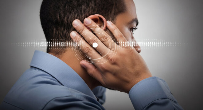 Profile of man touching his ear with glowing digital equalizer sound waves for hearing loss and audiology concept.
