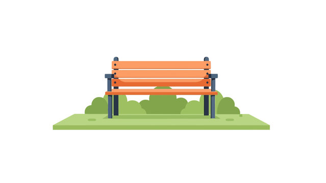Flat Vector Illustration of Wooden Park Bench with Green Bushes