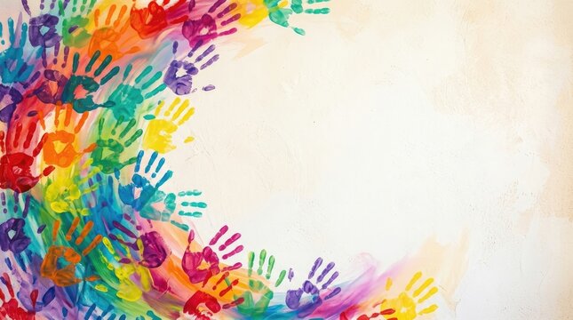 A vibrant image features a multitude of colorful handprints arranged in a radial pattern, creating a dynamic border.