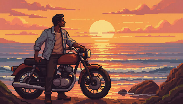 Pixel art of a person leaning on a classic motorcycle at sunset by the coast