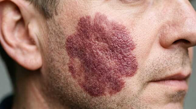 Close up image of a male face with a red and purple birthmark for healthcare and dermatology studies.