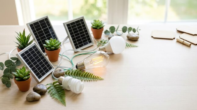 A wooden table displays a solar panel, a string of fairy lights, and several small potted succulents. A vintage Edison bulb glows brightly, illuminating a few fern leaves and smooth river stones.