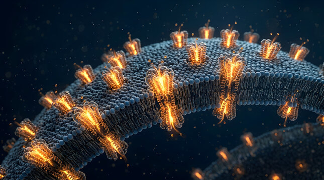 Cell membrane lipid bilayer with glowing ion channel receptors 3d render