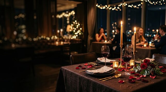 A warmly lit restaurant setting features a romantic table set for a dinner date. The table is draped with a dark gray fabric and adorned with red rose petals, golden candlesticks, and wine glasses.