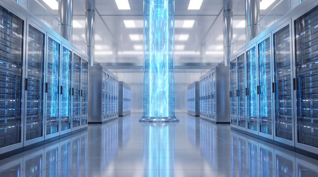 Futuristic AI server room with glowing central core unit in a high-tech data center environment, digital visualization