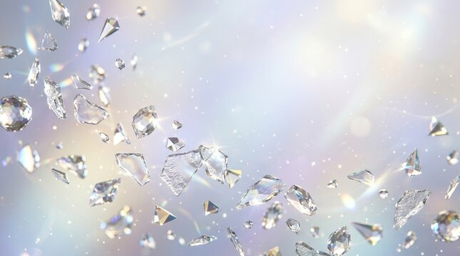 Numerous sparkling diamond fragments float and scatter across a blurred, ethereal background. The diamonds shimmer with light, creating a sense of brilliance and fragmentation.