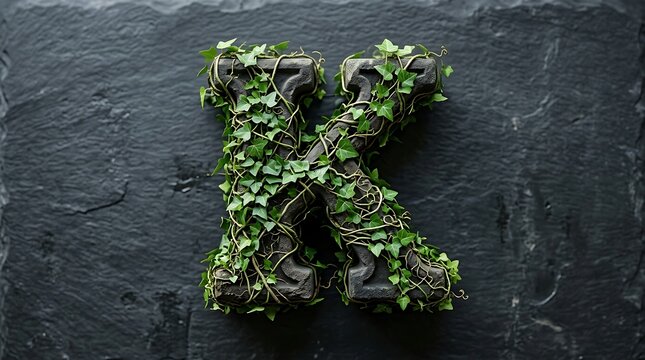 Letter K Covered in Green Ivy on Dark Slate
