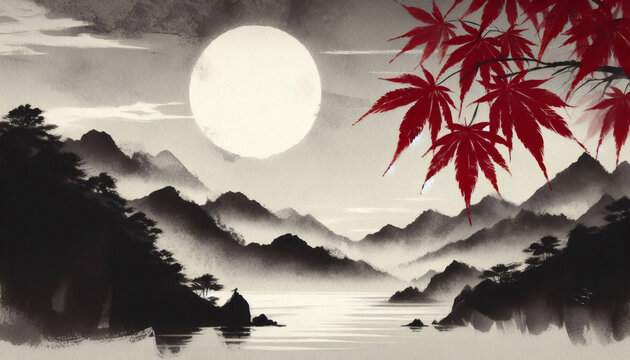 月夜に浮かぶ山々と紅葉のコントラストが美しい墨絵風の和モダンな秋の背景イラスト　AI-generated using DALL&middot;E3