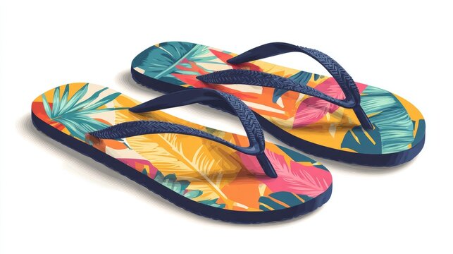 A pair of colorful flip flops with a tropical leaf design on a white background