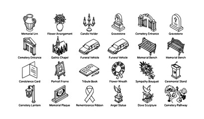 Fototapeta premium Isometric Funeral Memorial Service and Remembrance Line Icon Collection