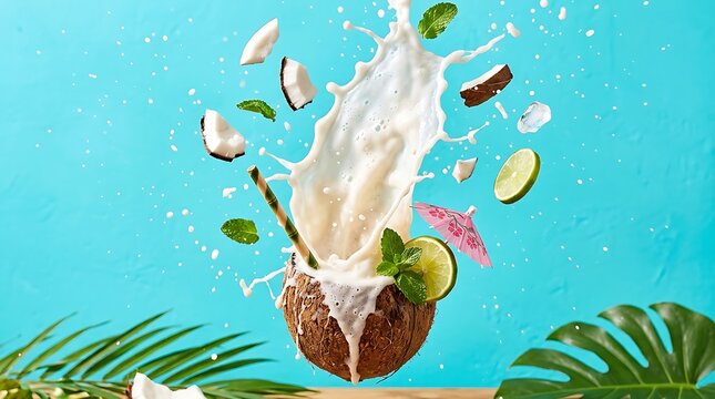 Tropical fruit cocktail splashing from a coconut shell with palm leaves