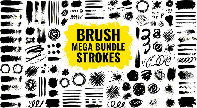 Black ink brush strokes mega bundle, hand drawn paint textures and grunge splatters, artistic charcoal marks and swirls for graphic design