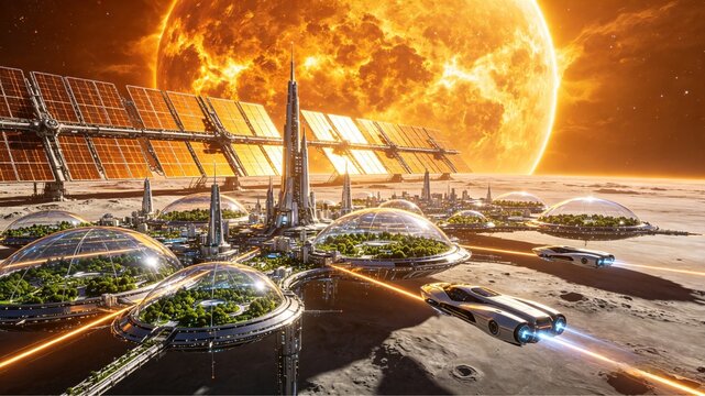 Civilization on Planet Mercury &mdash; Year 3026, Futuristic Domes City with Massive Solar Arrays and High-Speed Roads