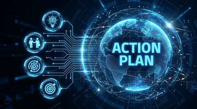 Global action plan with digital icons for strategy and goals