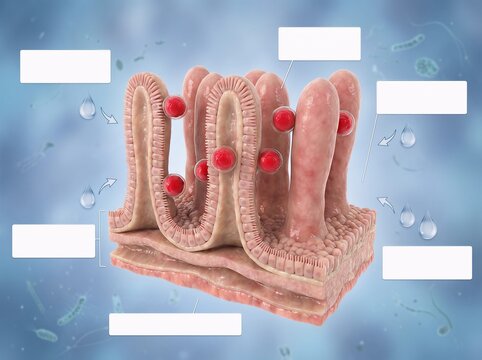 3D medical illustration of Cyclospora parasite infecting human intestinal wall