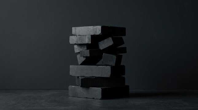 Stack of dark charcoal grey rectangular bricks arranged in a precarious vertical pile against a matching dark grey textured background surface