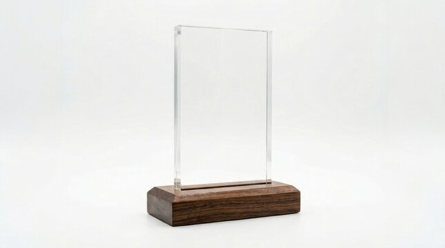 Transparent acrylic plaque with a dark wooden base, standing upright on a white background, blank sign for engraving or custom messaging