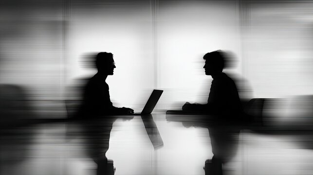 Two silhouetted businessmen working on laptops in a modern office with a blurred background