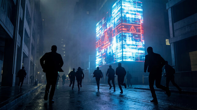 People run toward glowing digital building in city night.