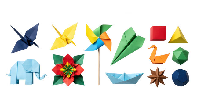 Set of colorful paper origami objects including cranes elephant flower airplane boat pinwheel and geometric shapes PNG,isolated on transparent background.