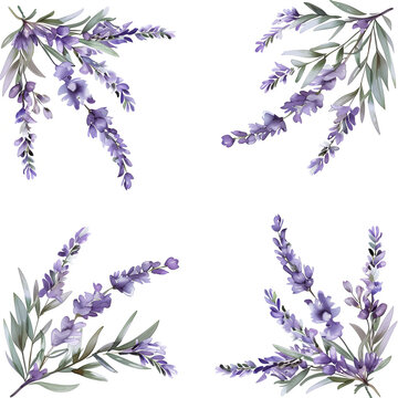 Four Corner Lavender Bouquet Watercolor Set Purple Botanical