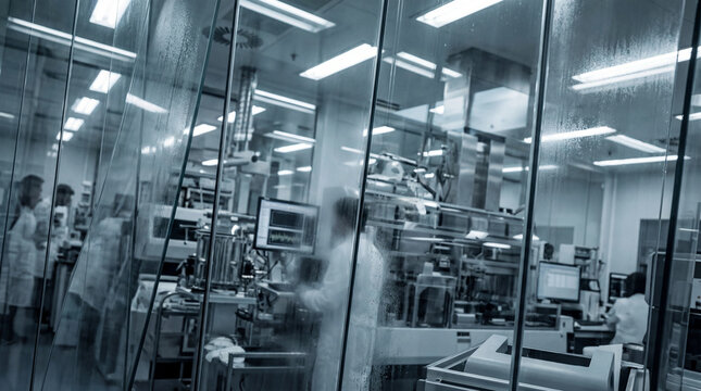 Scientists work inside clean lab with glass walls.