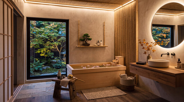 Luxury Japanese spa bathroom interior featuring traditional wooden ofuro soaking tub and zen garden window