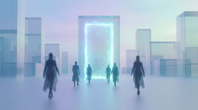 People walk toward glowing portal in futuristic cityscape