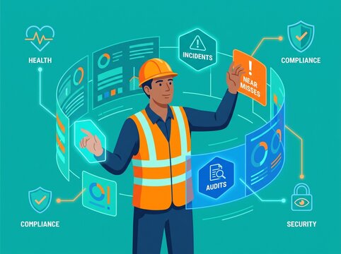 Worker Interacting with Digital EHS Safety Management System Hologram Dashboard for Workplace Health, Incident Reporting, Audits, and Compliance Monitoring Illustration
