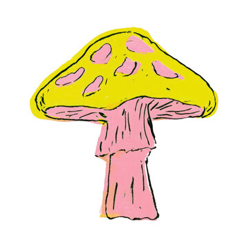 Hand-drawn pink and yellow mushroom PNG on transparent background