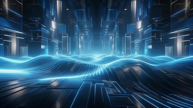 Glowing blue digital waves pulse through this futuristic animated video clip