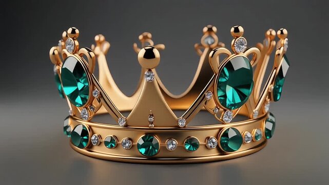 Rotating golden crown featuring emerald jewels and diamonds motion video animation