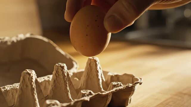 Hand picking brown egg from cardboard carton