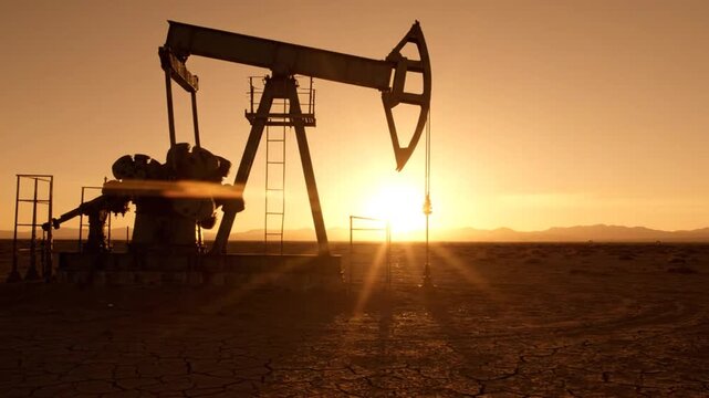 Oil pumpjack silhouetted against a vibrant sunset in the desert.
