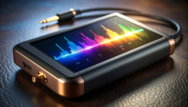 Macro shot of a high fidelity music player screen displaying bright neon sound visualizer