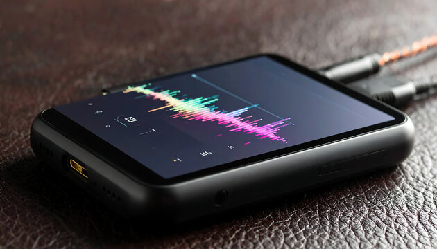 Angled view of a sleek portable music player screen featuring colorful sound equalizer lines