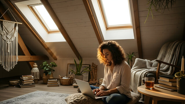 Woman working on laptop in a cozy attic room with skylights