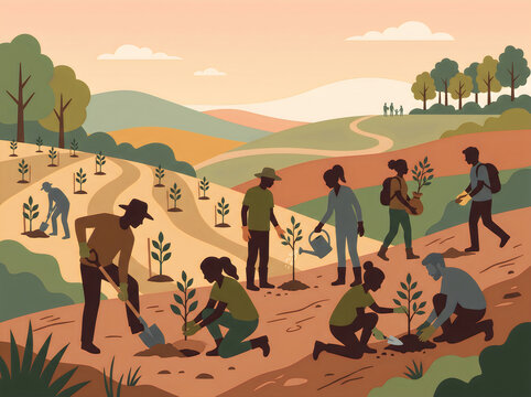 Volunteers planting trees community reforestation effort flat illustration