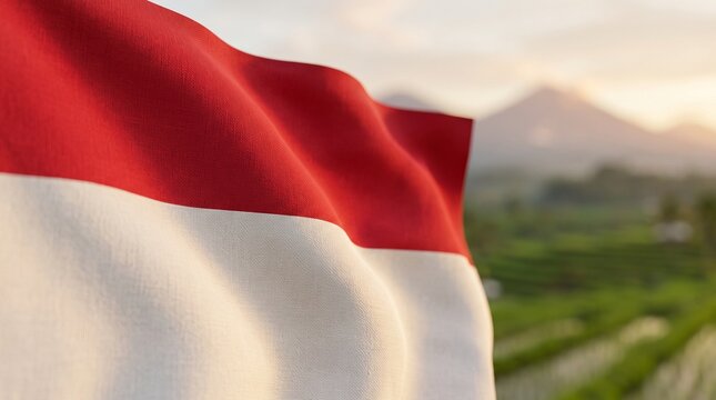 Indonesian national flag waving over scenic rice terrace landscape with national	