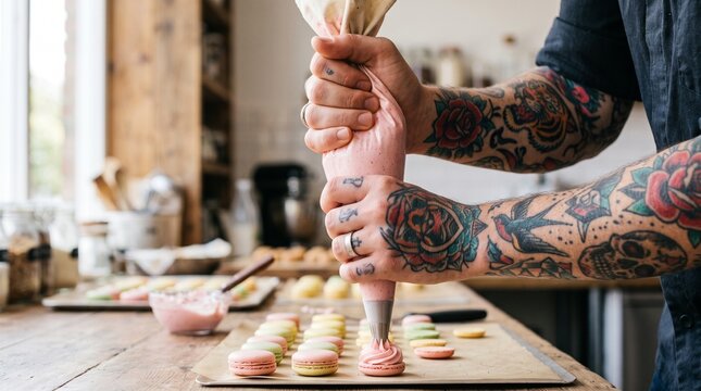 Baker with tattoos piping colorful macarons in a kitchen