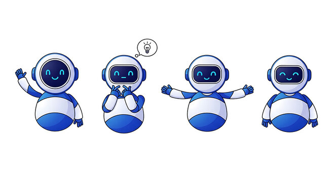 Artificial intelligence Cute robot mascot set featuring AI technology a friendly chatbot character and digital assistant with an innovative idea