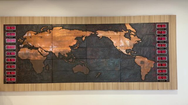 A close up view of a decorative world map featuring multiple international time zone clocks displayed inside a modern airport terminal or corporate business environment for traveller