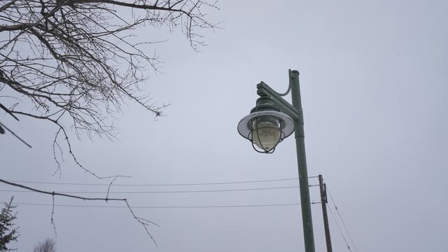 Street light, illuminated lamp post covered in falling sleet snow outside Ajax Water Supply Plant, Ontario, Canada, winter, medium shot, outdoor location.