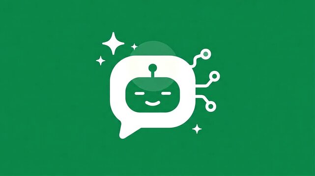 Friendly AI chatbot icon with speech bubble and glowing stars on vibrant green background