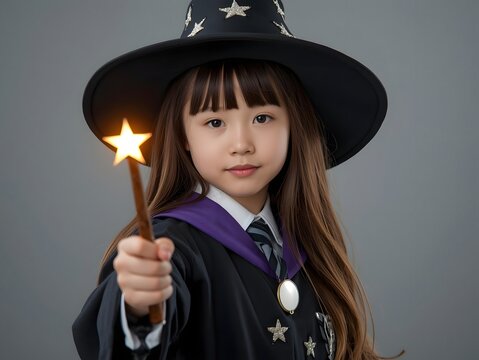 Young girl in wizard costume holding glowing magic wand against neutral studio backdrop